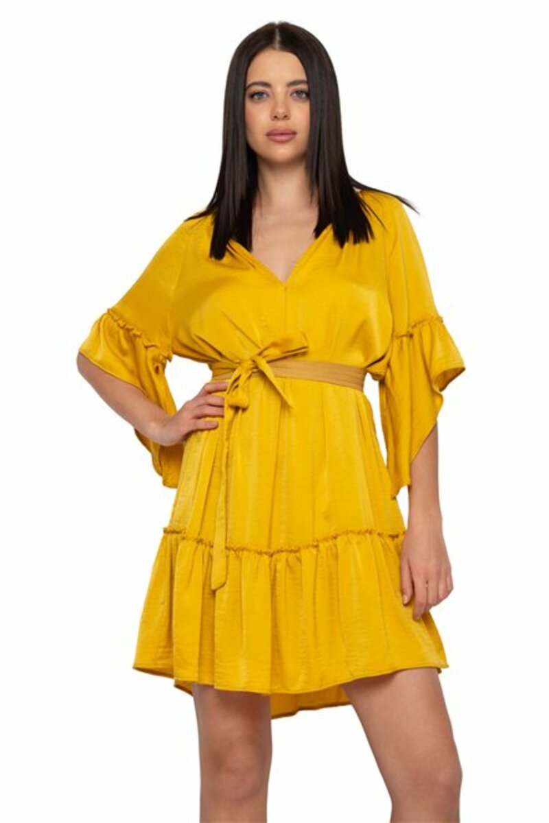 MINI DRESS WITH V DECOLLETAGE, RUFFLES AND SHORT SLEEVES