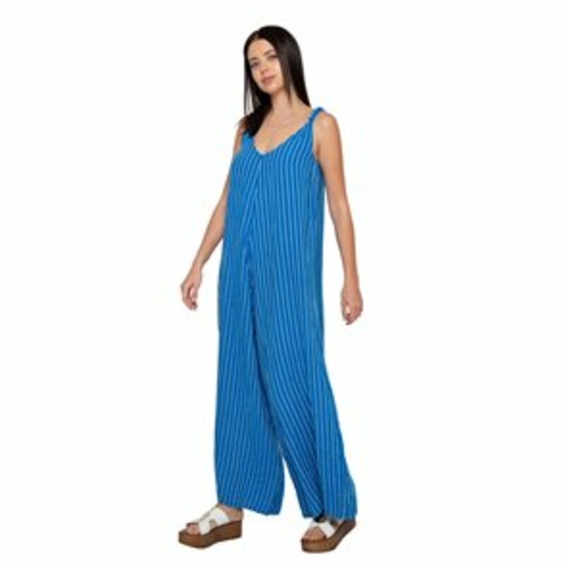 JUMPSUIT WITH STRIPE DESIGN. LINEN FABRIC WITH V DECOLLETAGE 