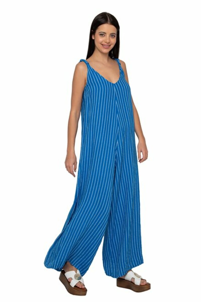 JUMPSUIT WITH STRIPE DESIGN. LINEN FABRIC WITH V DECOLLETAGE 