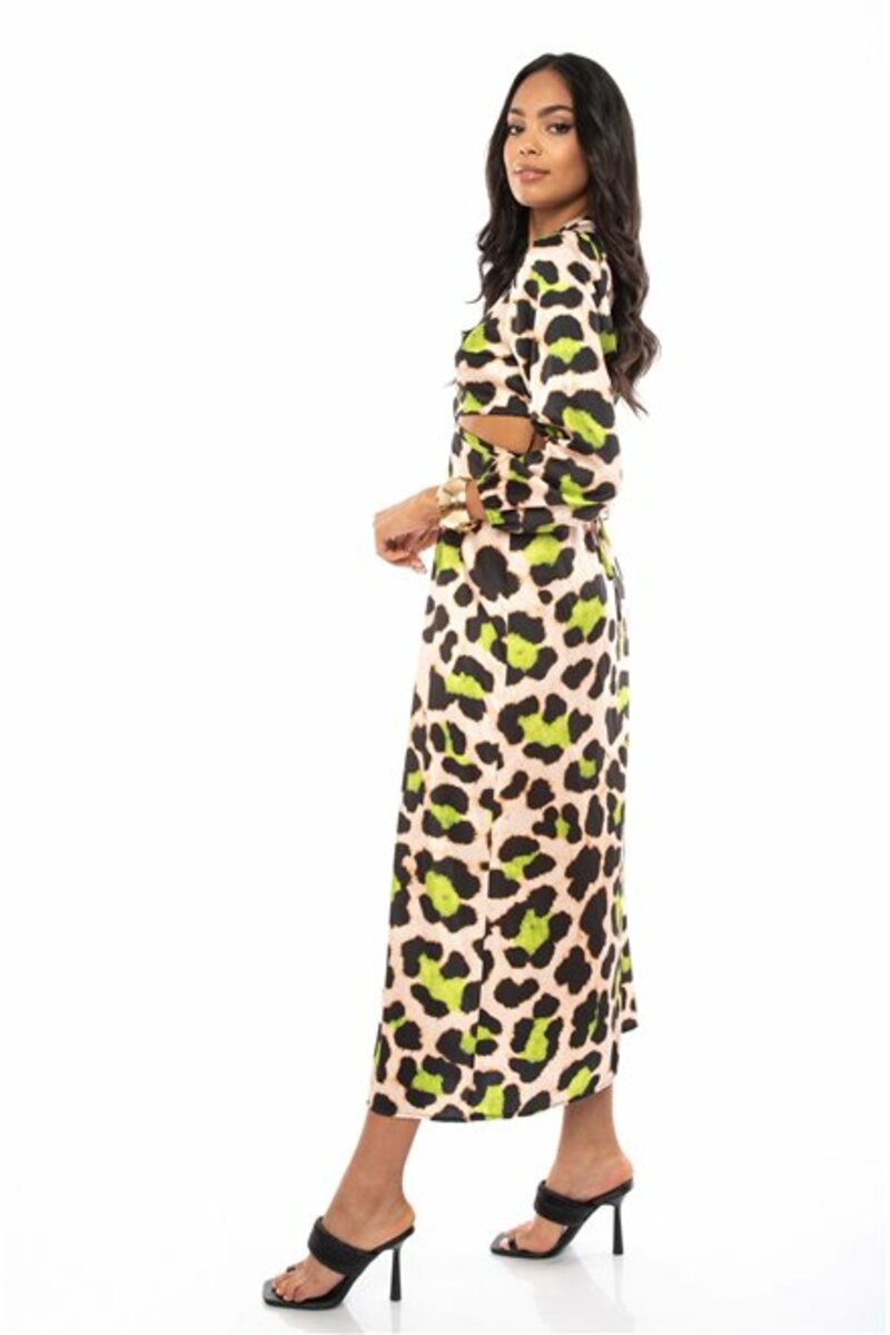 PRINTED LONG DRESS WITH V-NECK AND CUT OUT DETAIL AT WAIST