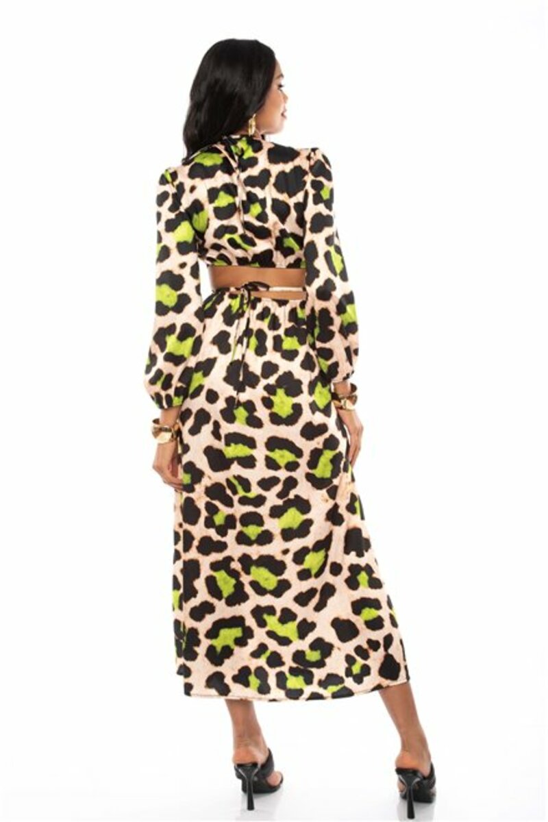 PRINTED LONG DRESS WITH V-NECK AND CUT OUT DETAIL AT WAIST