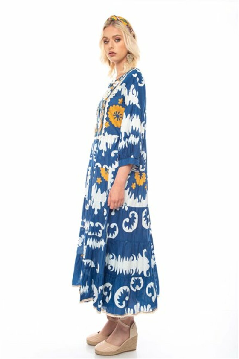 PRINTED EMBROIDERED DRESS WITH FRONT BUTTON CLOSURE