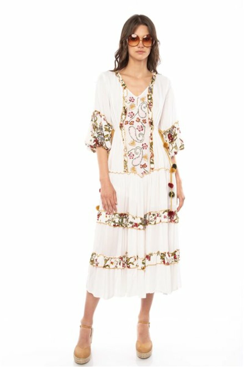 PRINTED EMBROIDERED DRESS WITH V-NECK