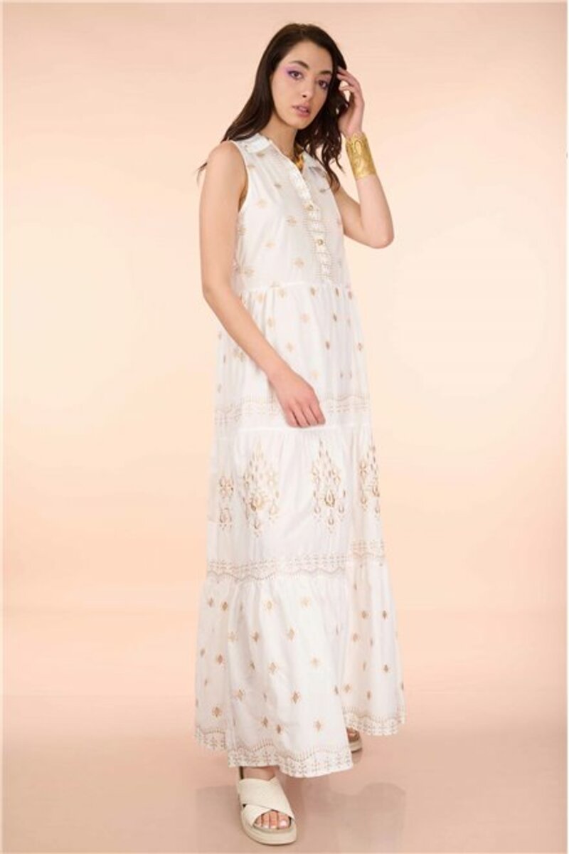 SLEEVELESS MAXI DRESS WITH EMBROIDERY.FRONT FASTENING WITH BUTTONS AND RUFFLED HEM