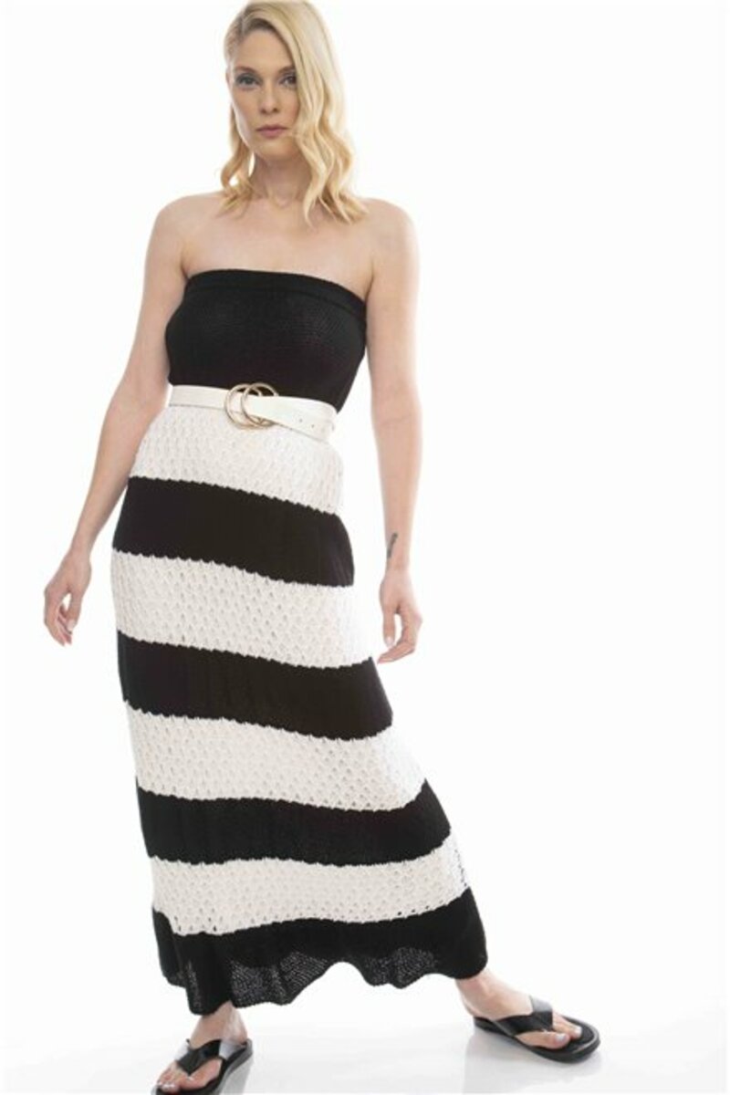 Long, two-tone dress, knitted, strapless with stripes