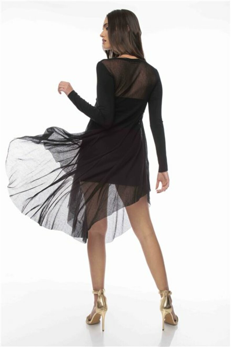 Long-sleeved dress, asymmetrical with a thin net