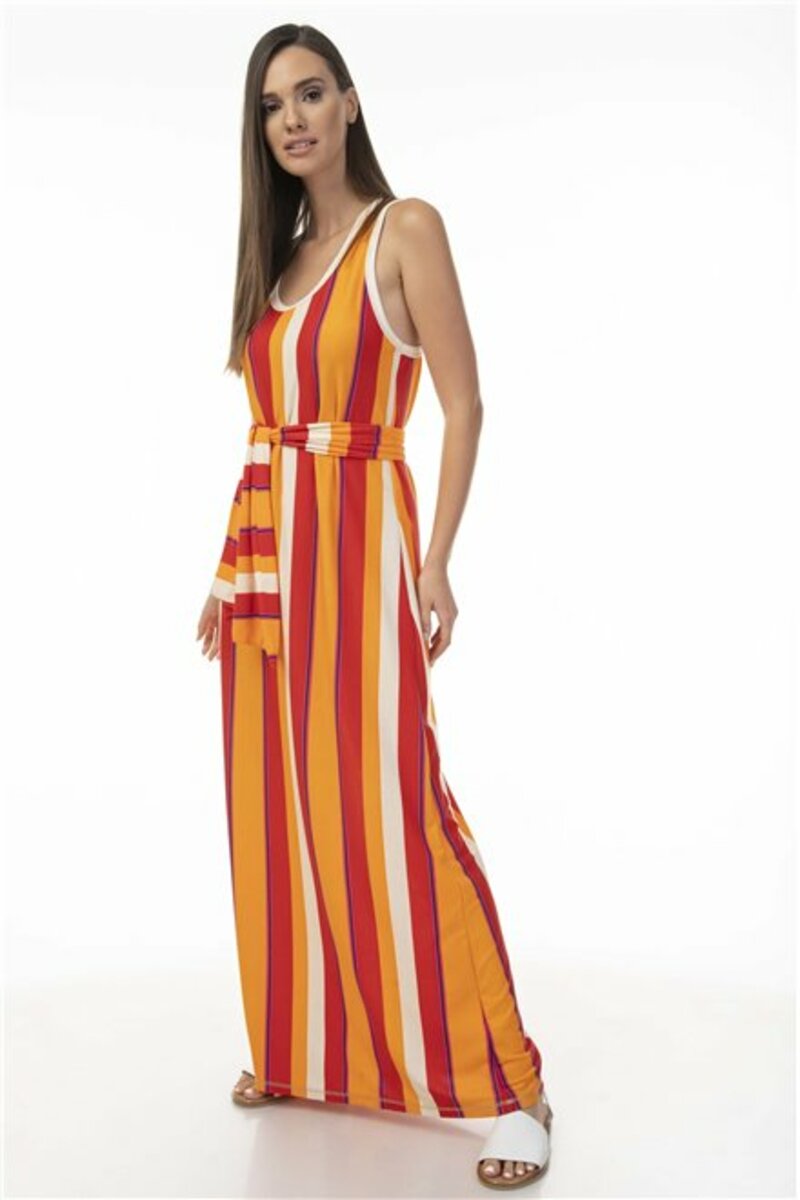 Striped sleeveless dress with matching belt