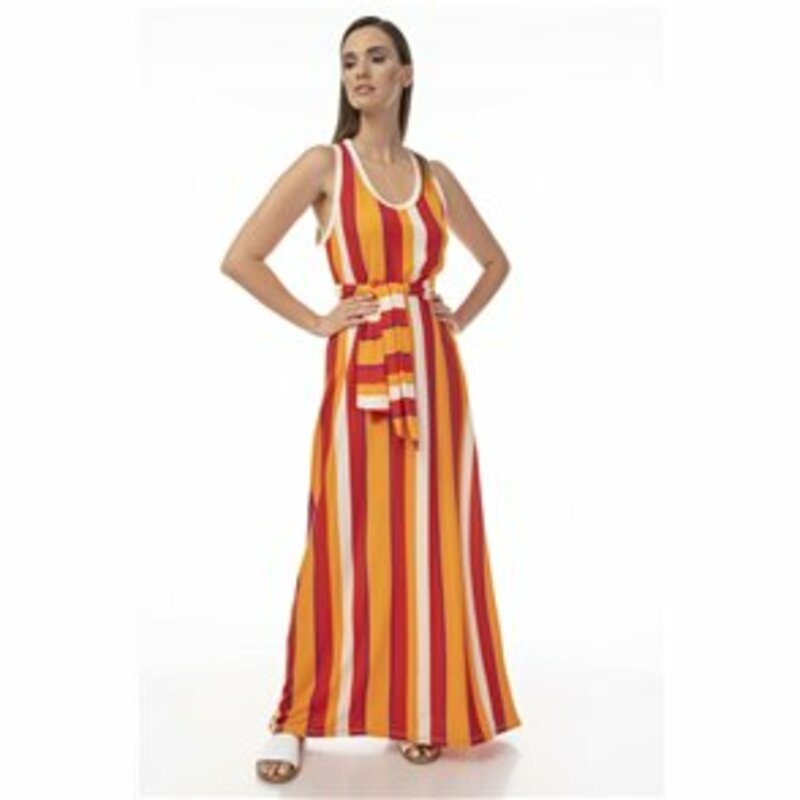 Striped sleeveless dress with matching belt
