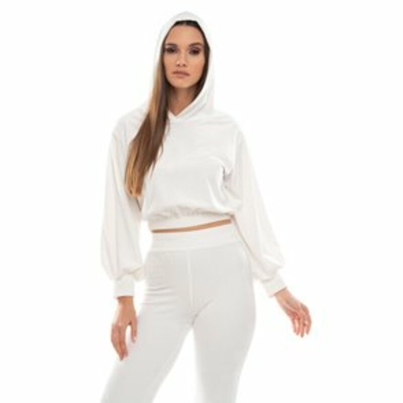 Cropped top with hood made of velvet fabric.High-waisted pants with elastic waist