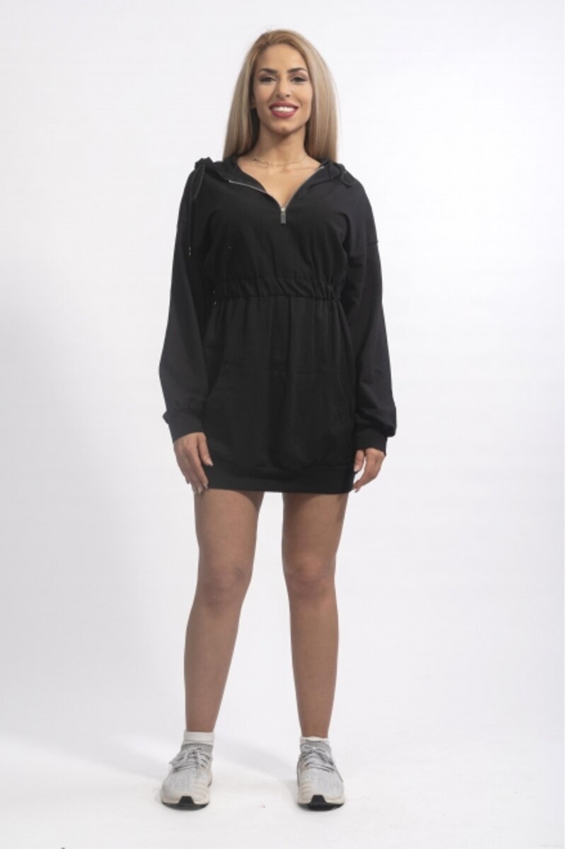 MINI COTTON DRESS WITH HOOD IN SWEATER STYLE WITH ELASTIC WAIST ΤΗΑΤ WE ADJUST WITH CORD