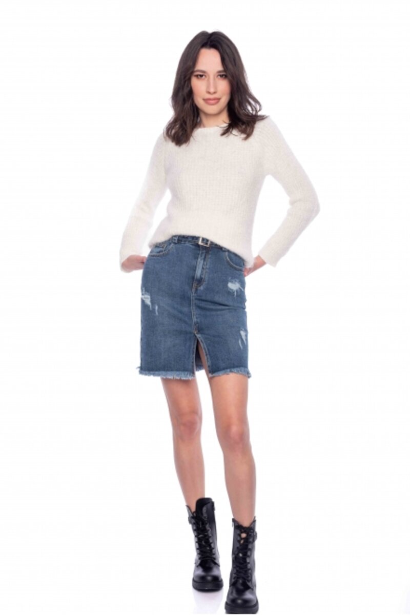 JEANS SKIRT MIDI WITH MATCHING BELT AND FRONT RIPS WITH POCKETS