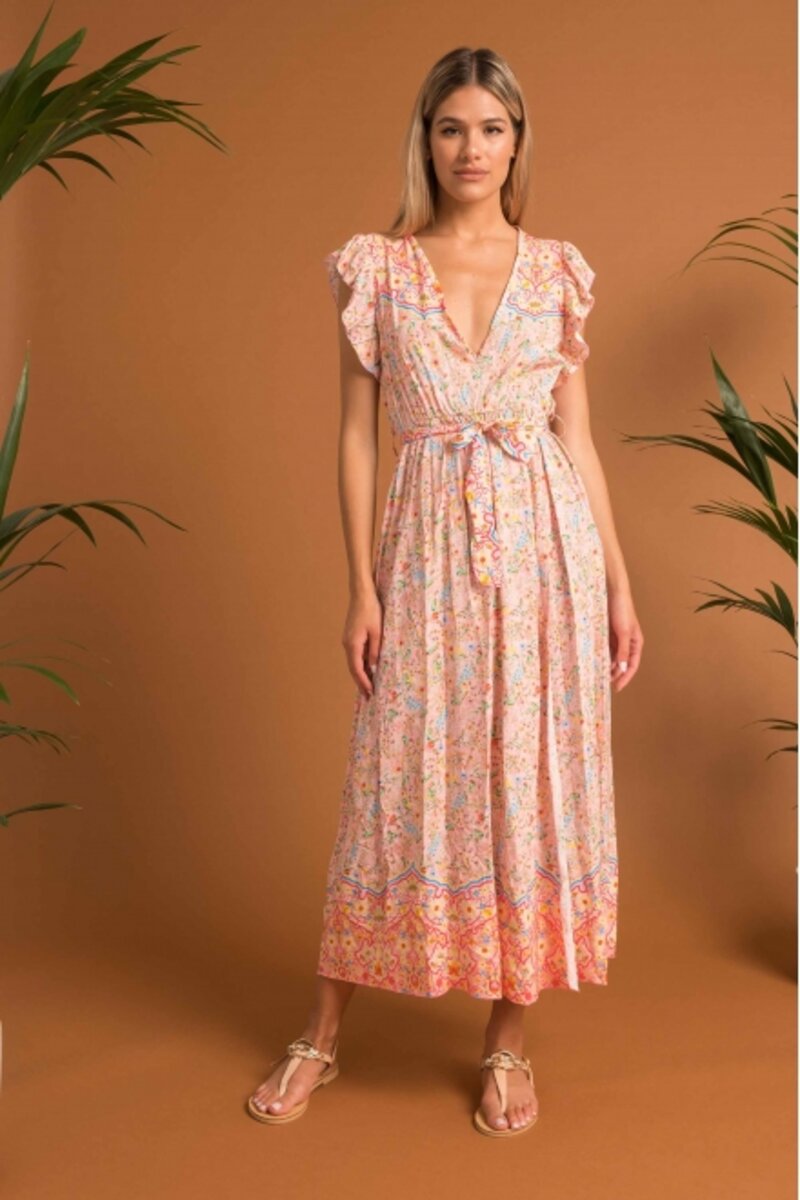 LONG DRESS WITH FLOWERS AND OPENING WITH MATCHING BELT