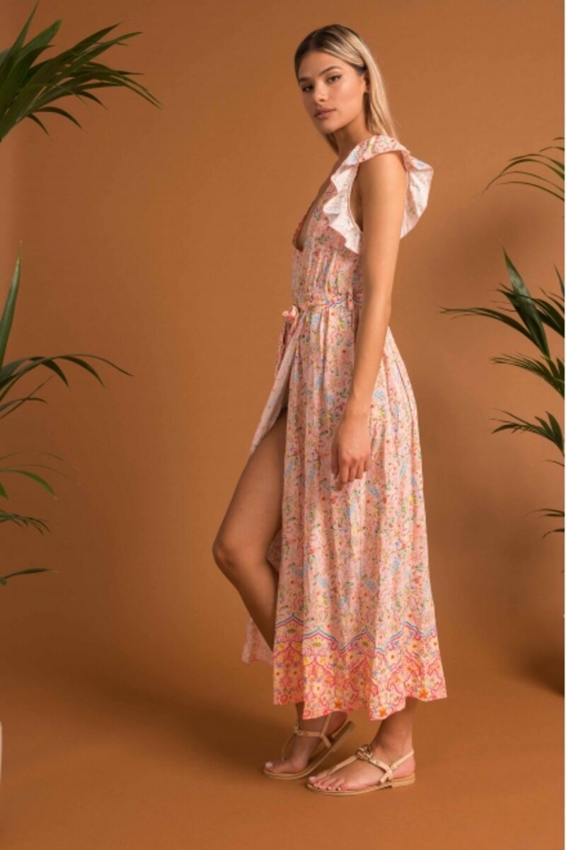 LONG DRESS WITH FLOWERS AND OPENING WITH MATCHING BELT
