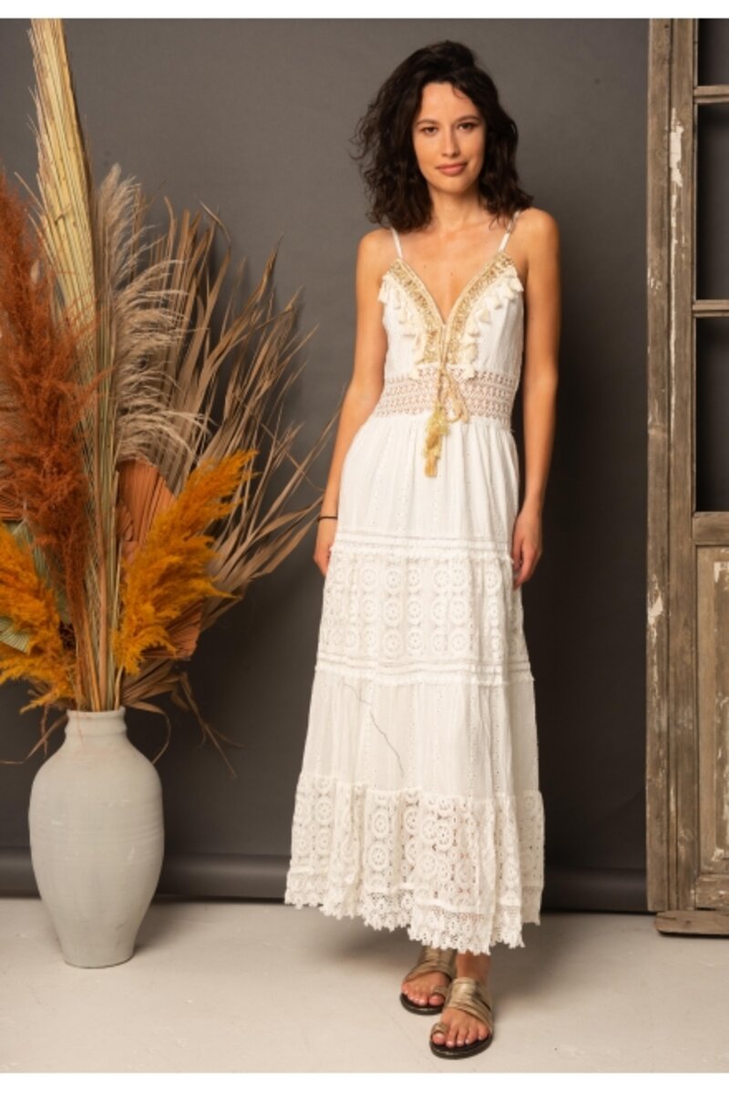 LONG DRESS WITH GOLDEN EMBROIDERY ON THE DECOLLETAGE