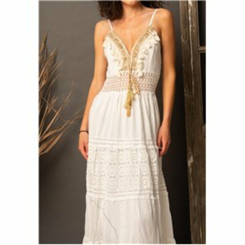 LONG DRESS WITH GOLDEN EMBROIDERY ON THE DECOLLETAGE