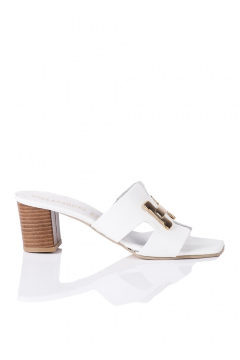 LEATHER OPEN SANDALS MULES WITH HEEL AND METALLIC DETAIL