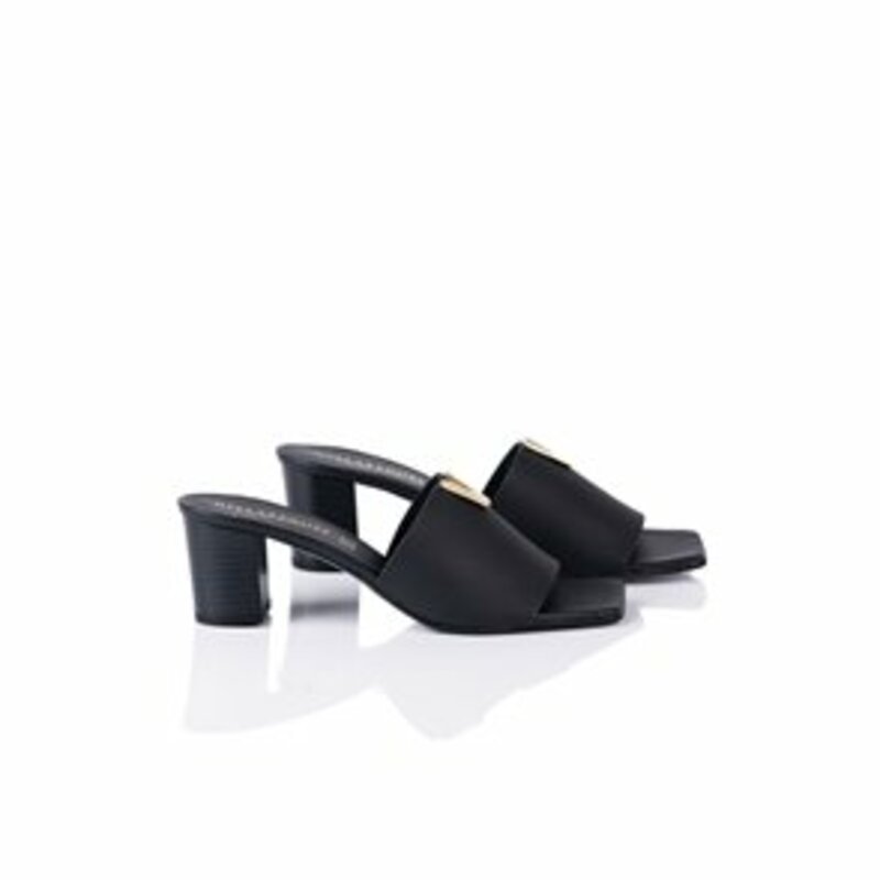 LEATHER OPEN SANDALS MULES WITH HEEL AND GOLD METALLIC BUCKLE