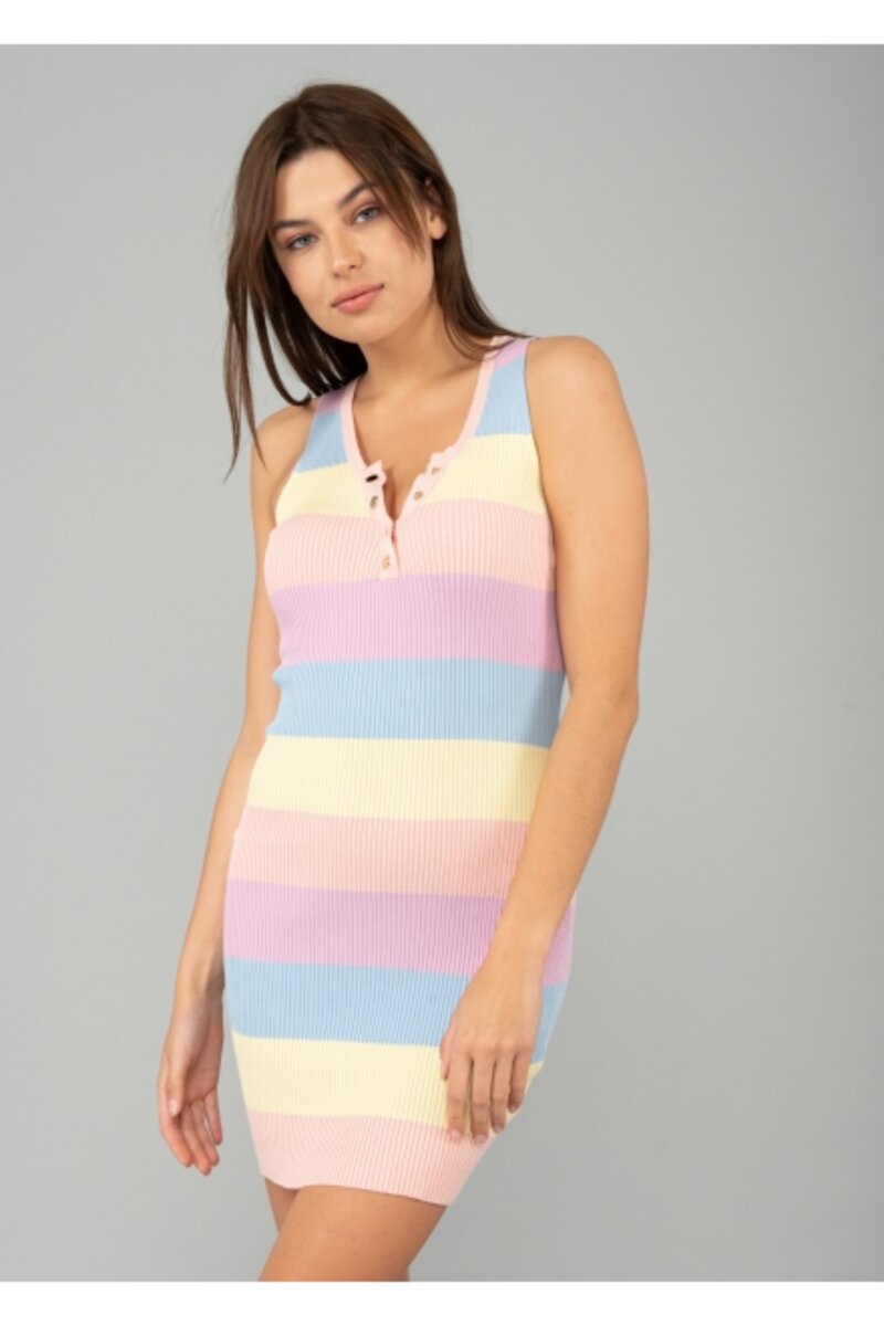 MINI DRESS WITH COLORFUL COLORS. WITH STRIPES AND GOLD METAL BUTTONS FOR CLOSING AT THE DECOLLETAGE