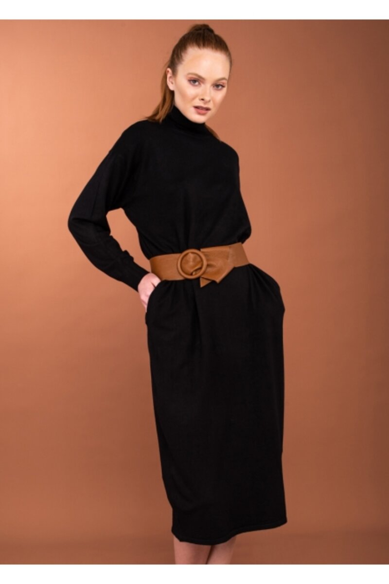 MIDI DRESS WITH HIGH-NECKED WIDE STYLE AND LONG SLEEVE AND POCKETS