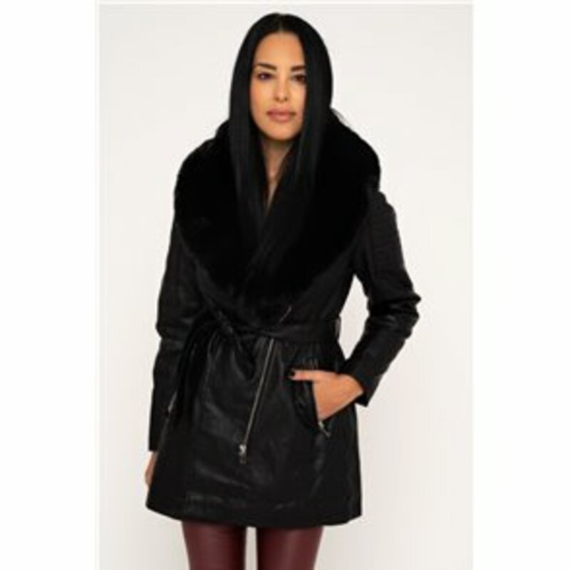 LEATHER JACKET WITH FUR COLLAR AND MATCHING BELT