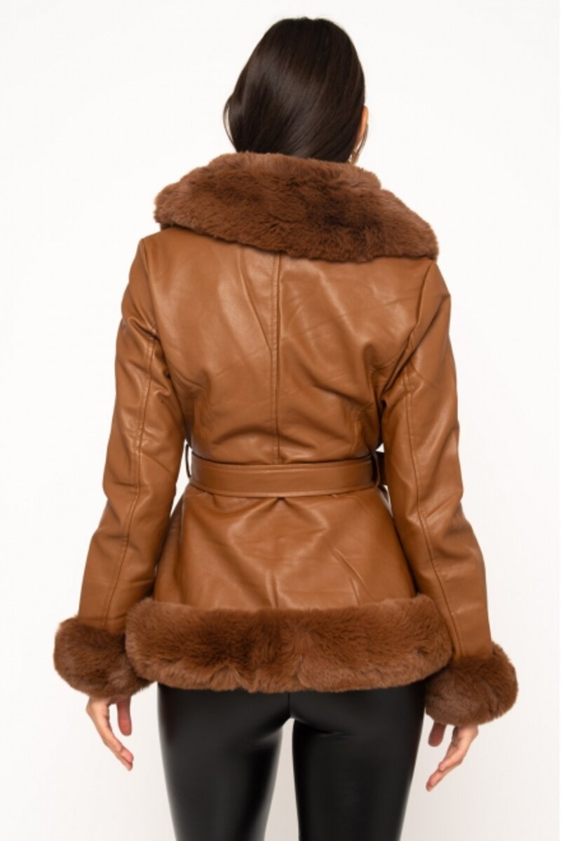 LEATHER JACKET WITH FUR AND MATCHING BELT