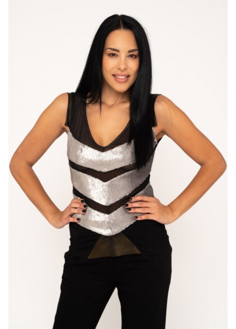SLEEVELESS BLOUSE WITH SEQUINS AND SEE TRHOUGH