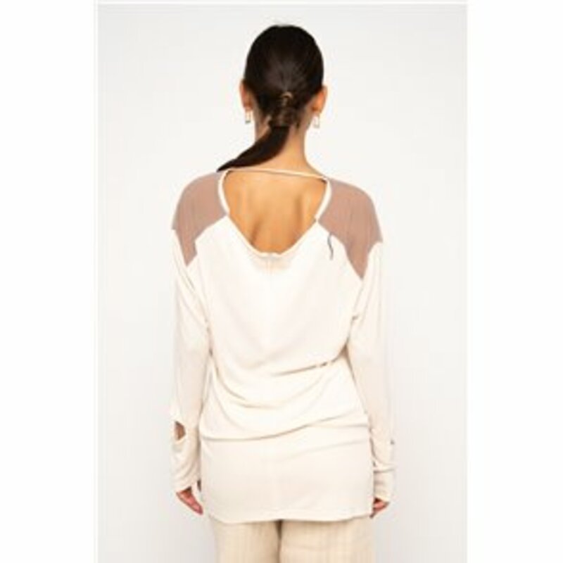 LONG BLOUSE WITH V DECOLLETAGE AND SEE THROUGH ON THE SHOULDER