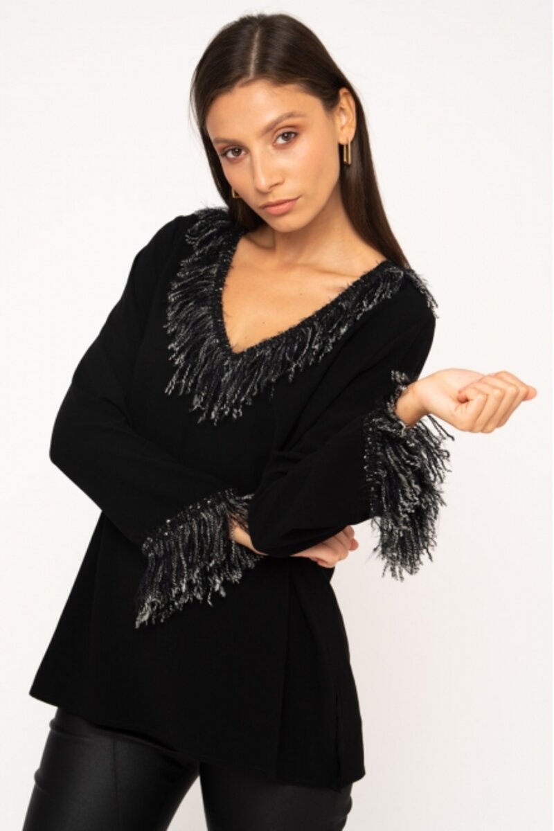 BLOUSE WITH FUR FRINGED ON THE COLLAR AND ON THE SLEEVE