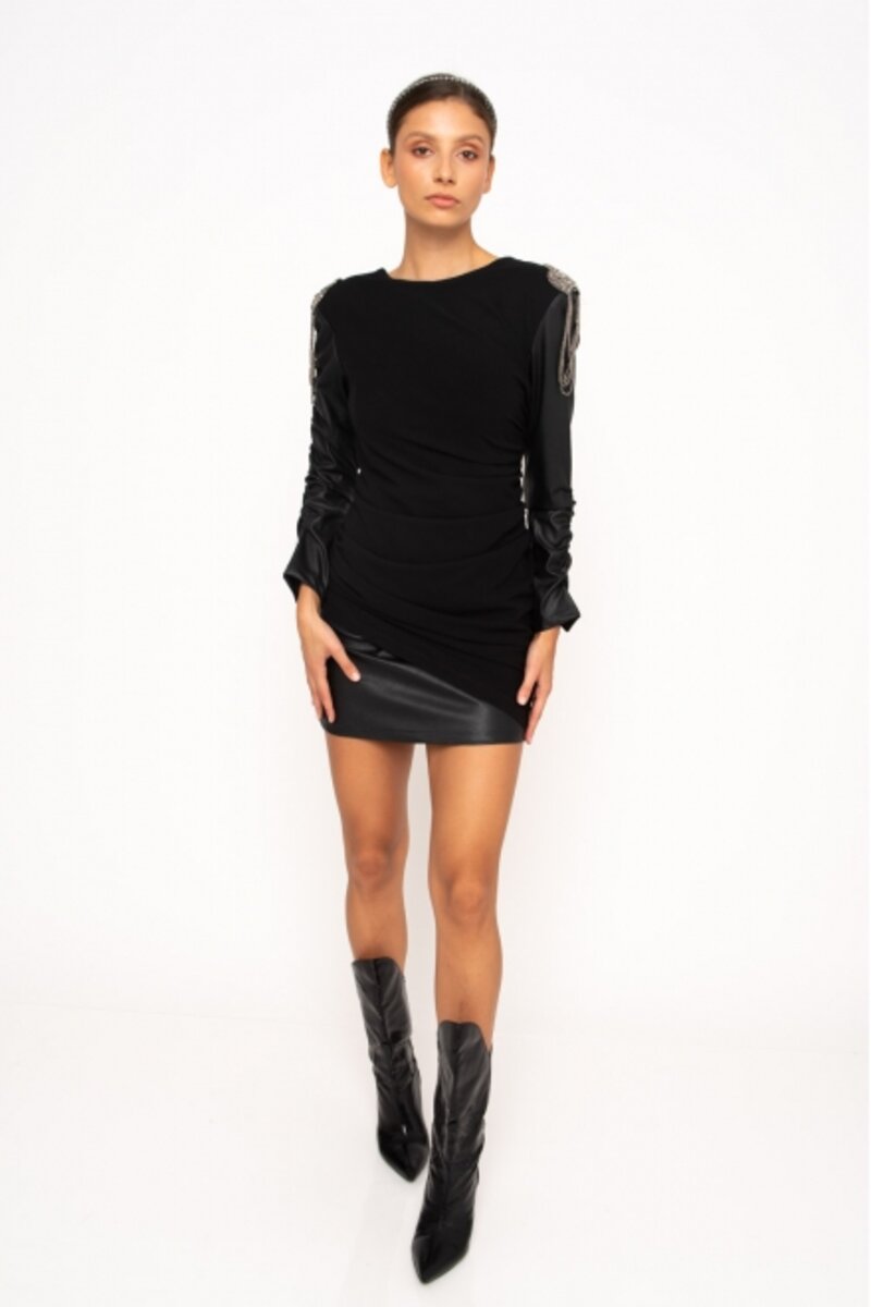 MINI LEATHER DRESS ON THE SLEEVES AND JEWEL ON THE SHOULDERS