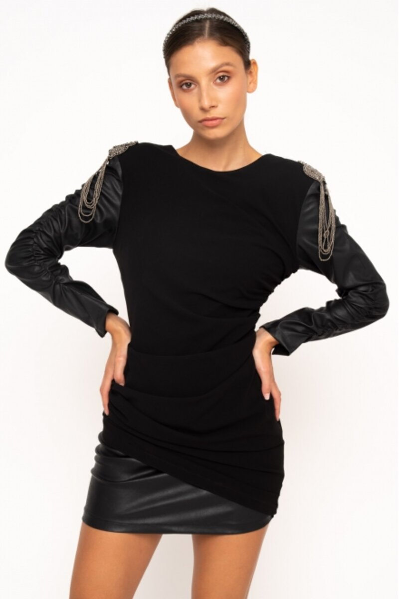 MINI LEATHER DRESS ON THE SLEEVES AND JEWEL ON THE SHOULDERS