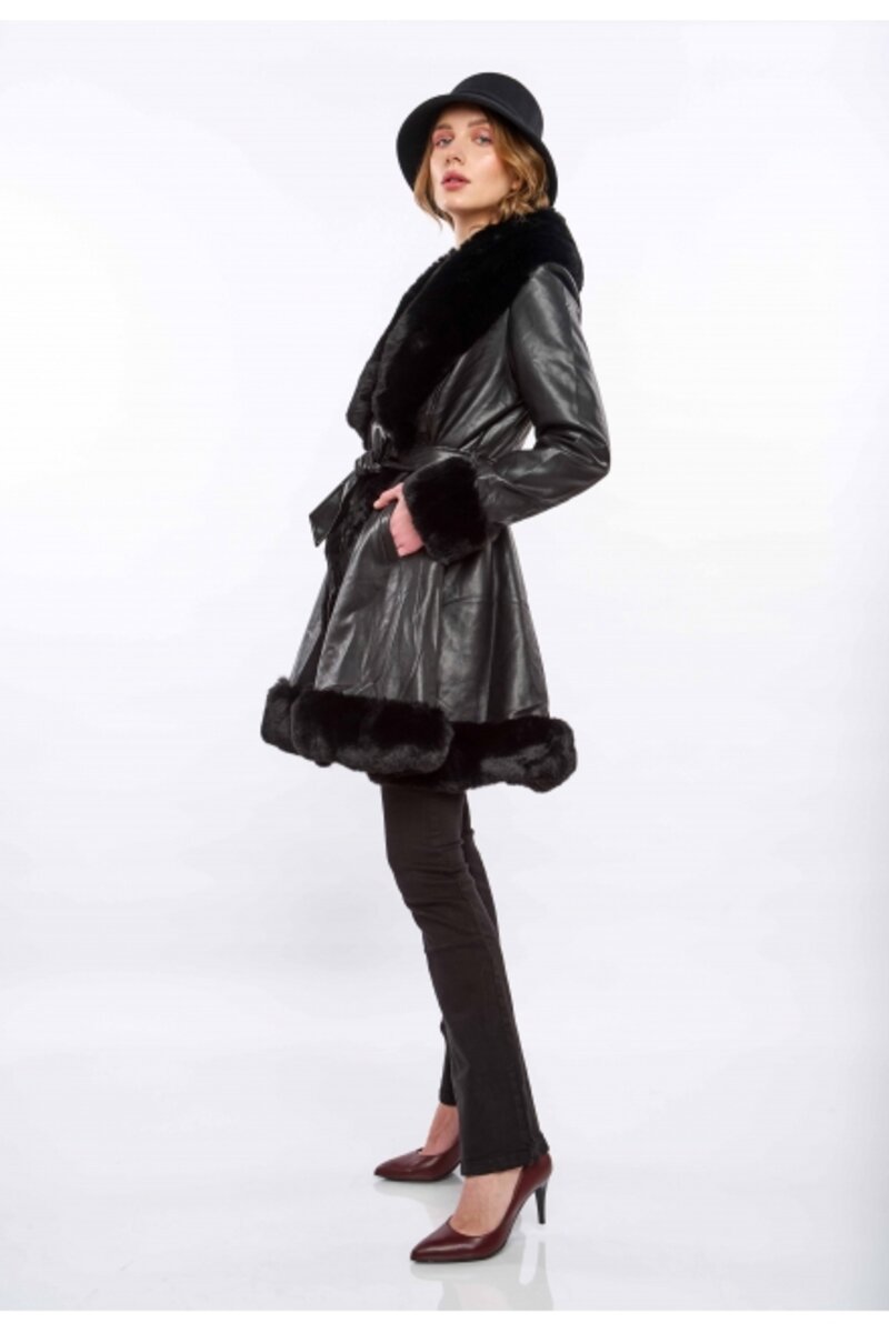 LEATHER COAT MIDI WITH MATCHING BELT AND FUR COLLAR