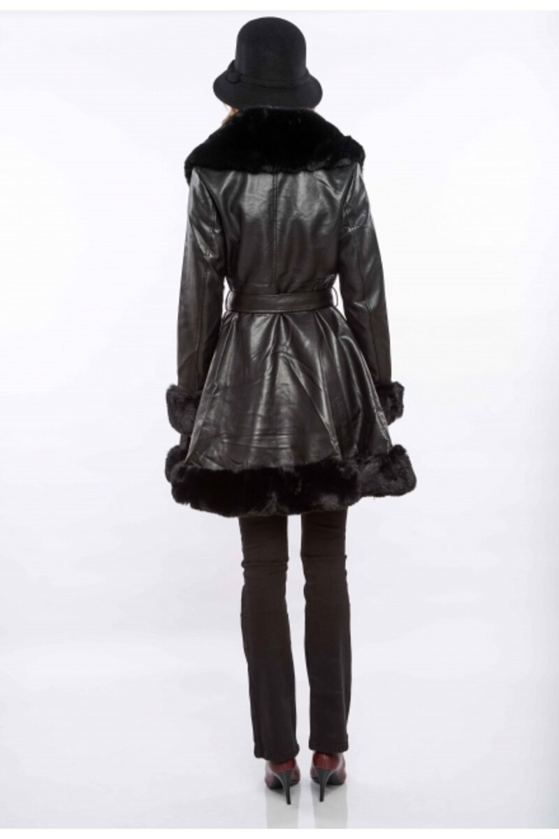 LEATHER COAT MIDI WITH MATCHING BELT AND FUR COLLAR