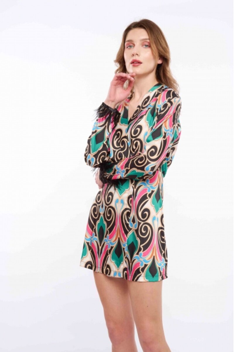 MINI DRESS WITH V DECOLLETAGE WITH DESIGN AND FEATHER ON THE SLEEVE